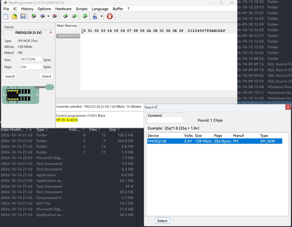 NeoProgrammer Search IC dialog selecting FM25Q128 with SPI ID A14018
