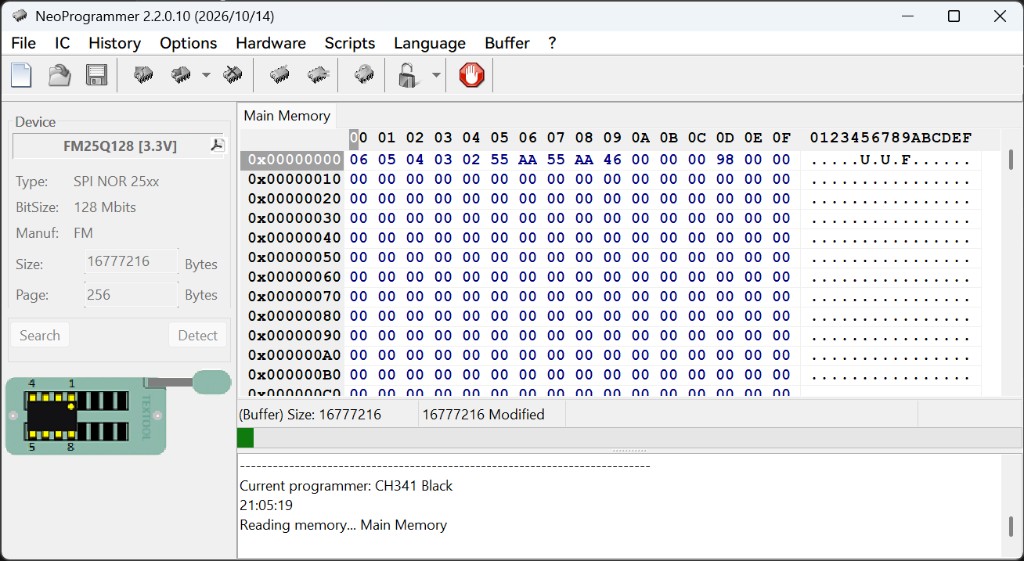 NeoProgrammer reading Main Memory from FM25Q128 with hex dump populated